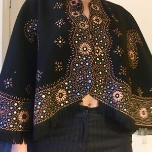 Women Vintage Hand crafted Cord String Details Black Wool Coat/Cape.